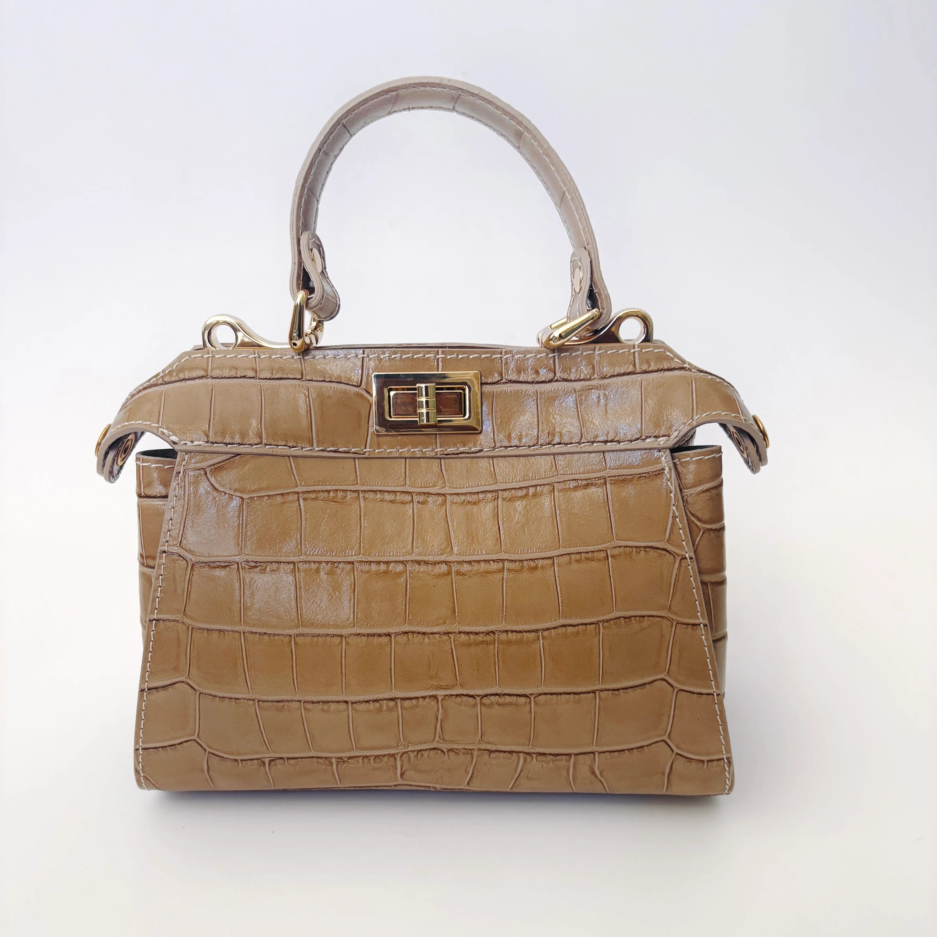Taupe Croc Embossed Leather Flip Lock Bag | Colores Collective