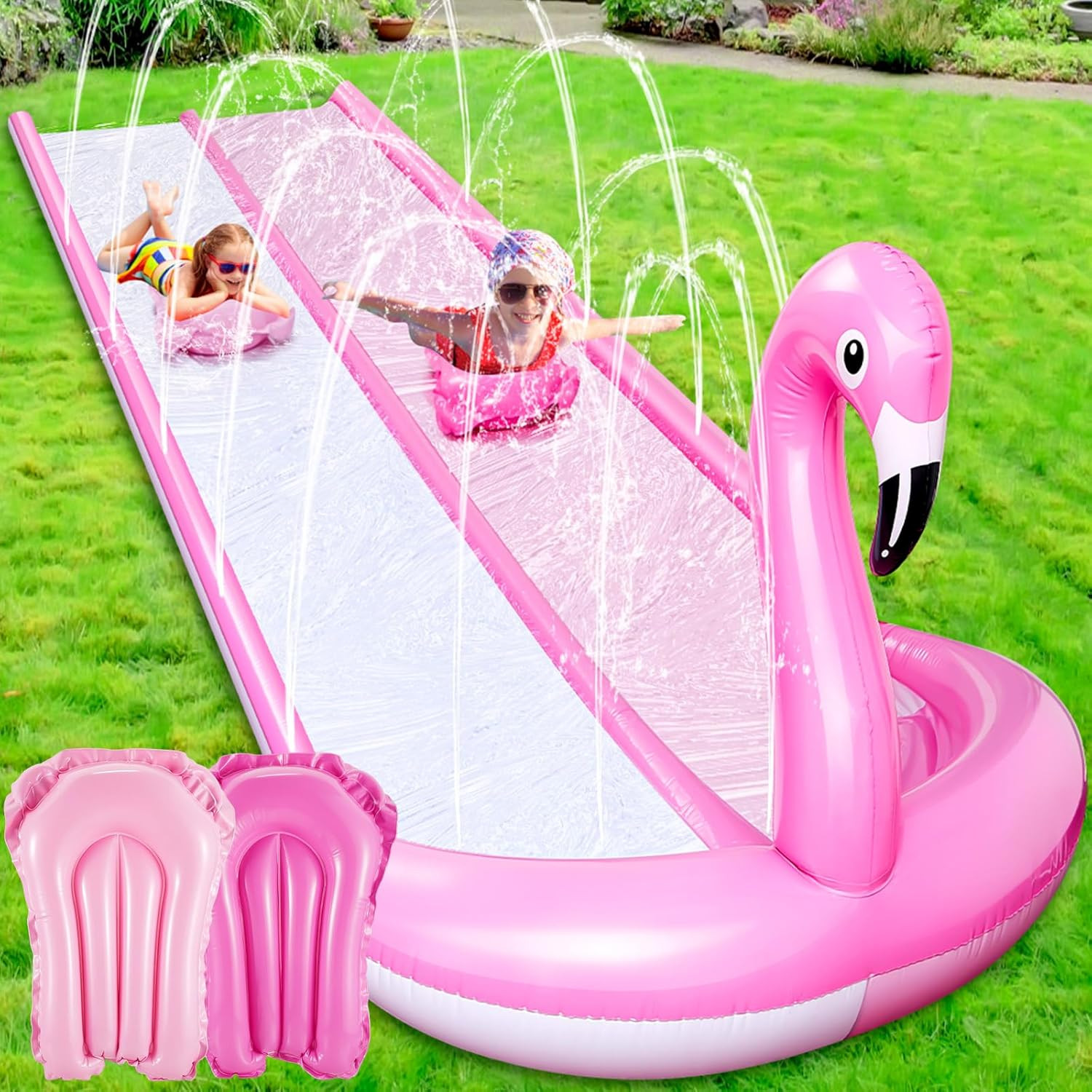 20ft 3D Flamingo Slip Water Slide Double Lane Lawn Water Slides 3 Sided Safe Fence Heavy Duty Inf... | Amazon (US)