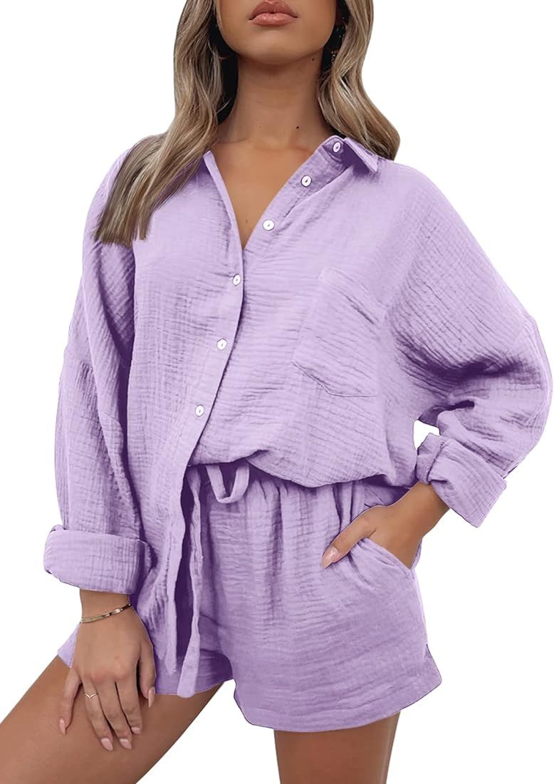 AUTOMET 2 Piece Outfits For Women Lounge Sets Pajama Sets Long Sleeve Button Down Oversized Shirt... | Amazon (US)