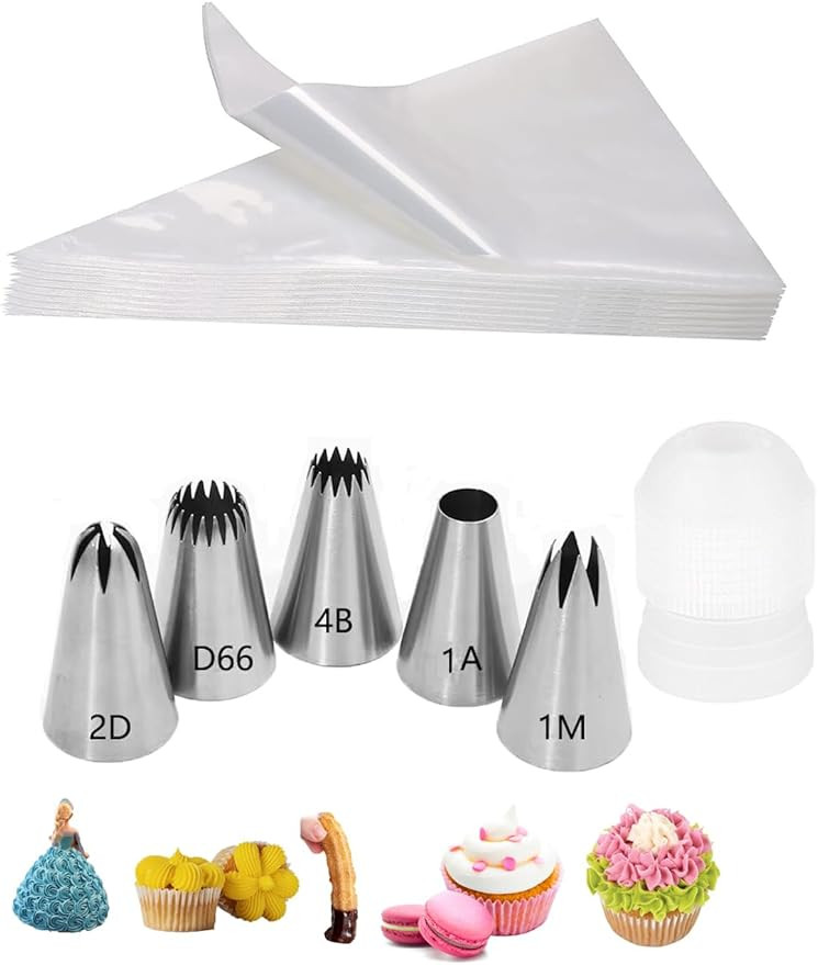 1M 2D 1A 4B D66 Piping Tips and Bags with Coupler,5 Large Frosting Tips Set for Rosettes,Drop FLo... | Amazon (US)