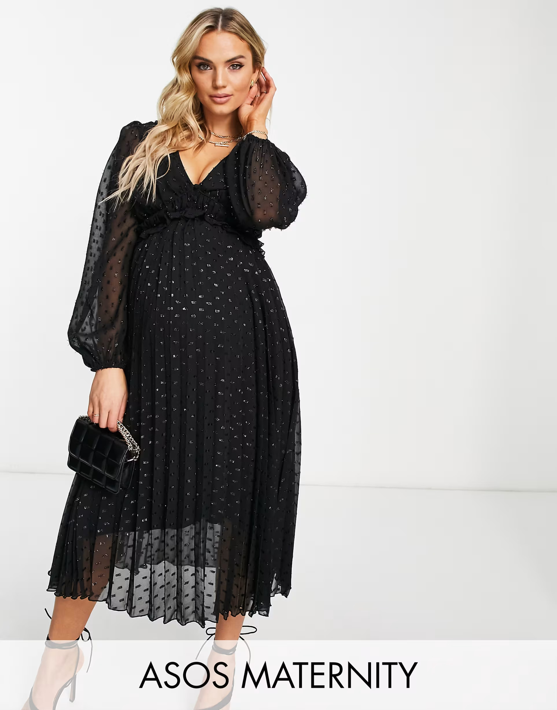 ASOS DESIGN Maternity - Vestito midi a pieghe con bottoni arricciato in vita in plumetis nero met... | ASOS (Global)