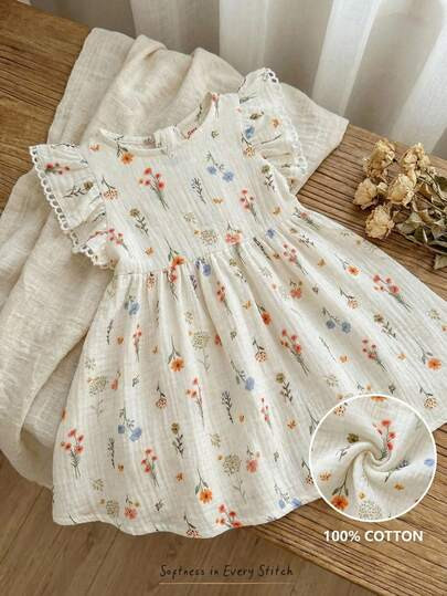 Cozy Pixies Baby Girl Floral Print Round Neck Ruffle Waist Dress Baby Floral Dress Baby Girl Slee... | SHEIN