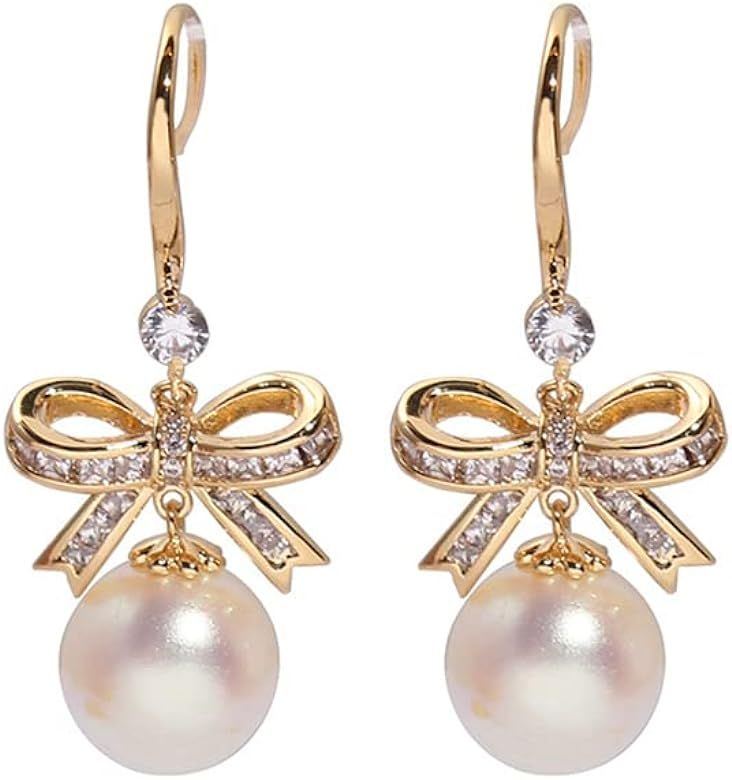 MIKAMU 14K Gold Ribbon Bow Stud Earrings for Women CZ cubic zirconia Gold Plated Dainty Pearl Ear... | Amazon (US)