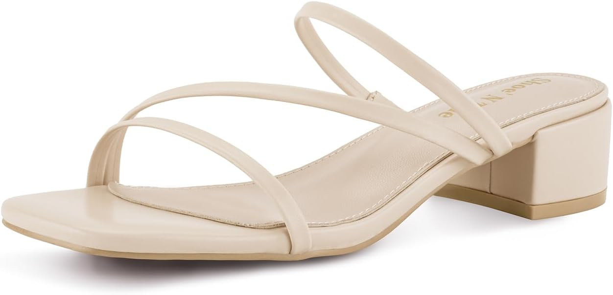 Shoe'N Tale Strappy Heels for Women Chunky Block Short Low Square Open Toe Slip On Heeled Sandals... | Amazon (US)