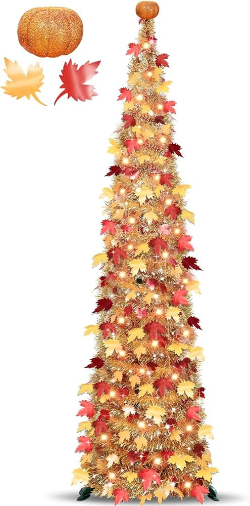 [ Timer & Pumpkin ] 5 Ft Lighted Fall Tree Fall Thanksgiving Decorations, Fall Pop Up Tinsel Mapl... | Amazon (US)