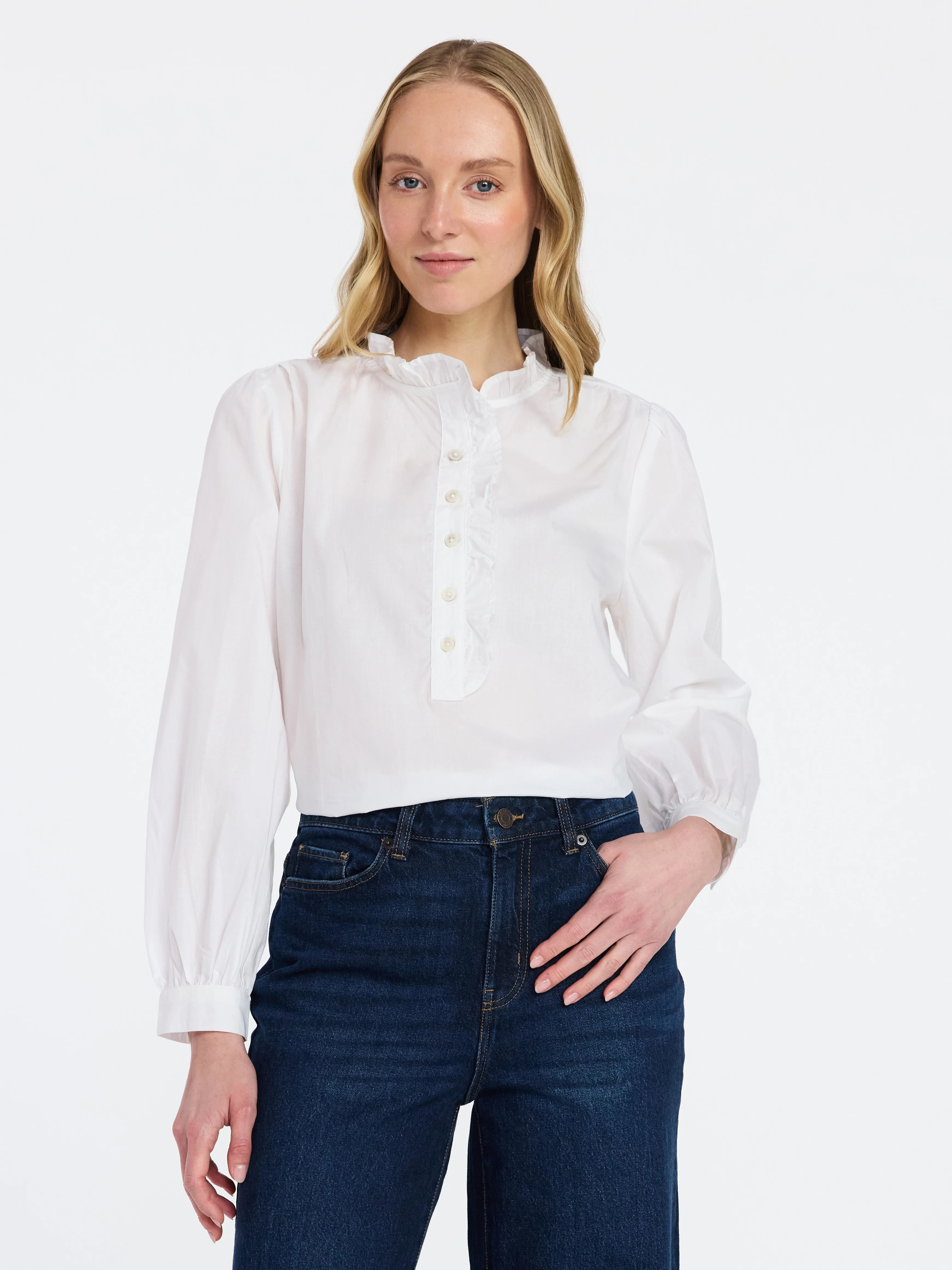 Time and Tru Women's Ruffle Neck Button Front Cotton Shirt with Long Sleeves, Sizes XS-XXXL | Walmart (US)