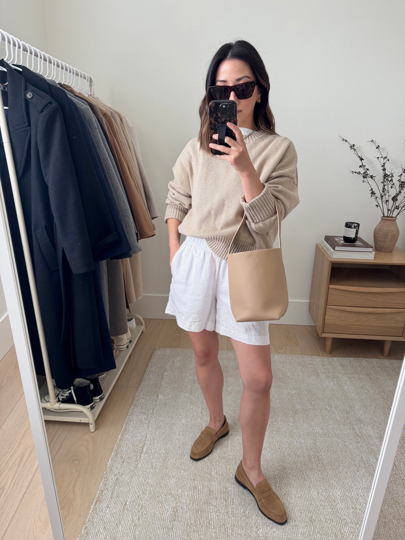 Some Quince favorites. 

Quince cotton sweater small. Runs tts, but I love a little room
Quince shorts xs. But I like the fit of the small better.
Zara loafers 5
The Row bag small
Celine sunglasses
J.Crew Earrings. 

Petite style, summer style, summer outfits 

#LTKPetite #LTKShoeCrush #LTKItBag