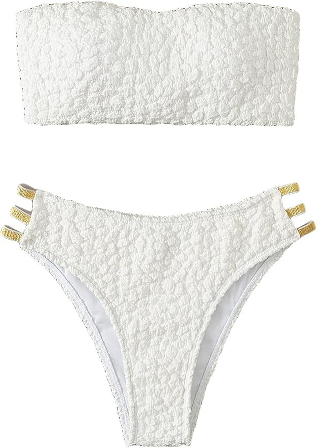 MakeMeChic Women's 2 Piece Bathing Suits Textured Cut Out Bandeau Bikini Set Swimsuit | Amazon (US)