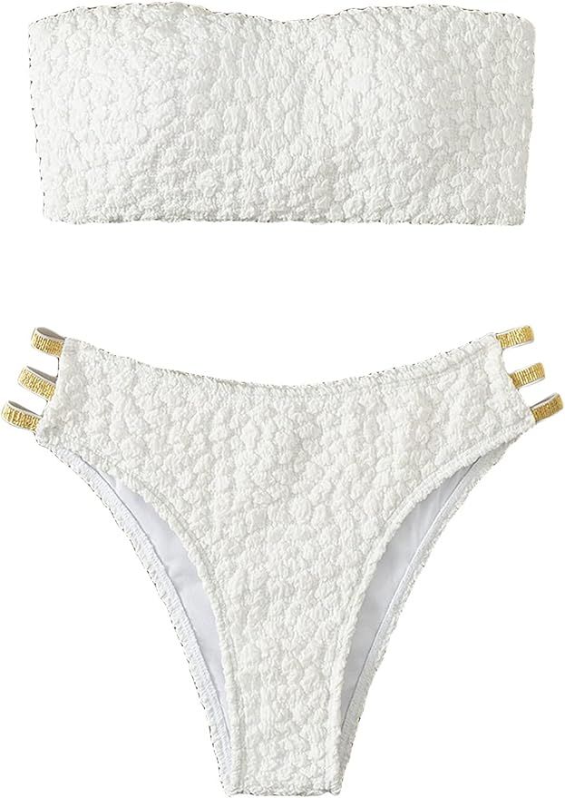 MakeMeChic Women's 2 Piece Bathing Suits Textured Cut Out Bandeau Bikini Set Swimsuit | Amazon (US)