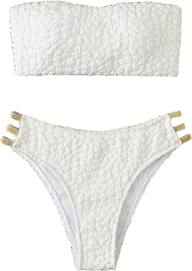 GORGLITTER Women's Textured Swimsuit Strapless Bandeau High Cut Cut Out Thong Bikini Set Bathing ... | Amazon (US)