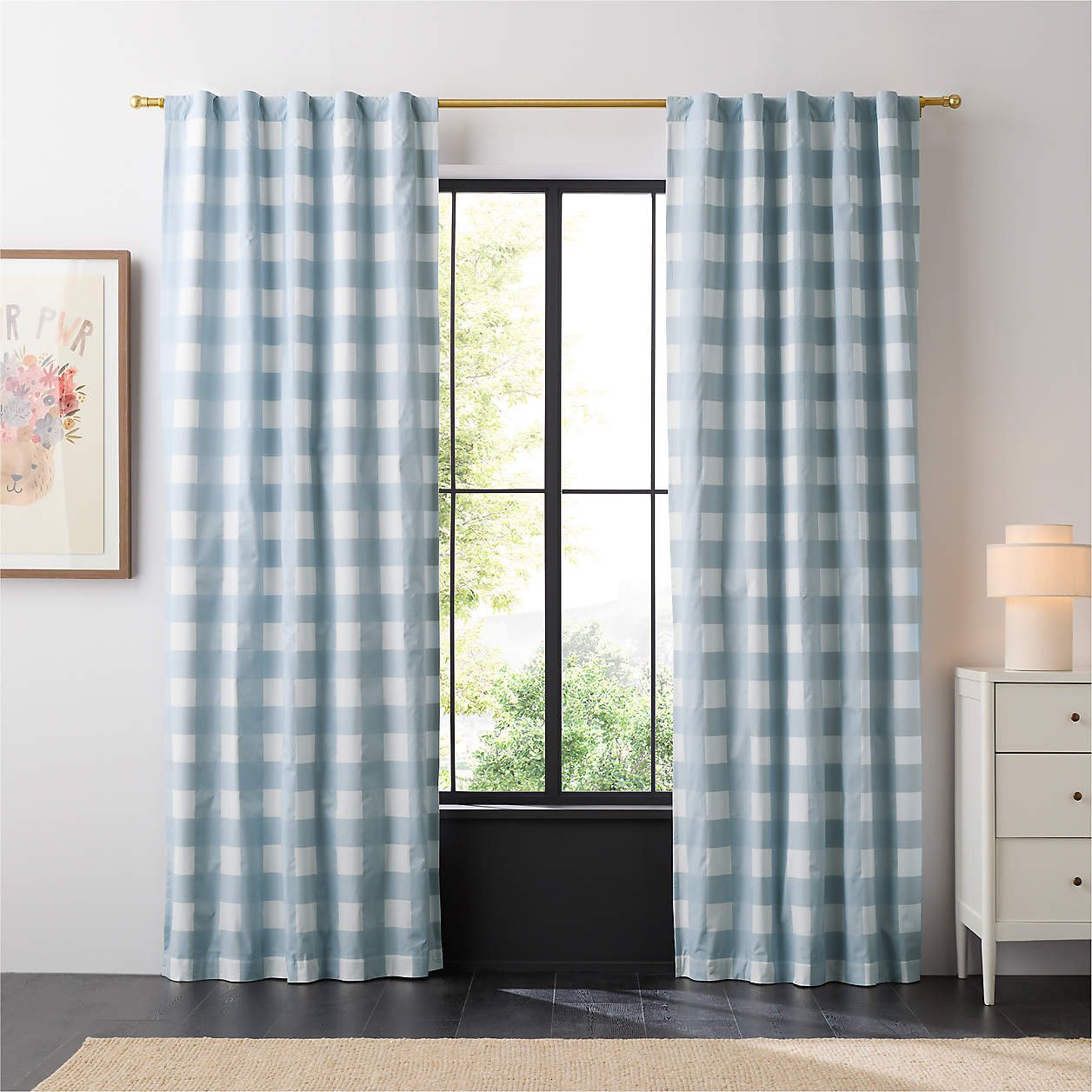 Mist Blue Buffalo Check Organic Cotton Blackout Window Curtain Panel 44"x63" + Reviews | Crate & ... | Crate & Barrel