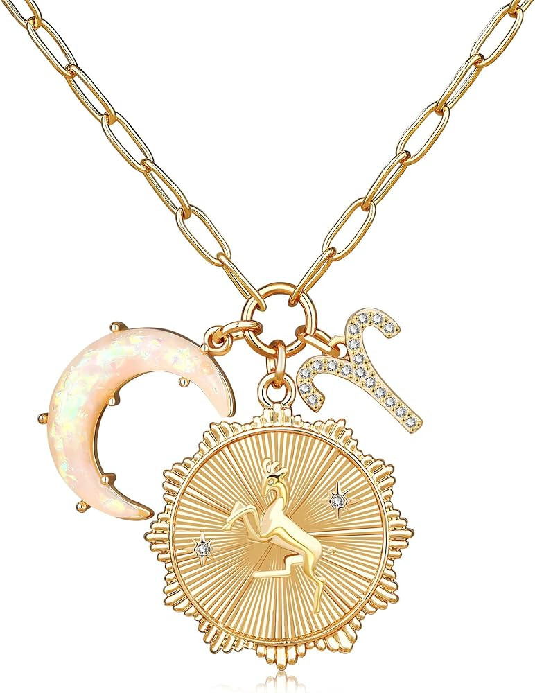 Gold Zodiac Sign Coin Necklace with Opal Crescent Moon Charm for Women Trendy, Dainty Gold Paperc... | Amazon (US)