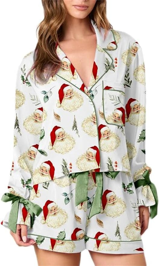 Alyweatry Women Christmas 2 Piece Pajama Set Cute Print Long Sleeve Button Down Shirt Elastic Sho... | Amazon (US)