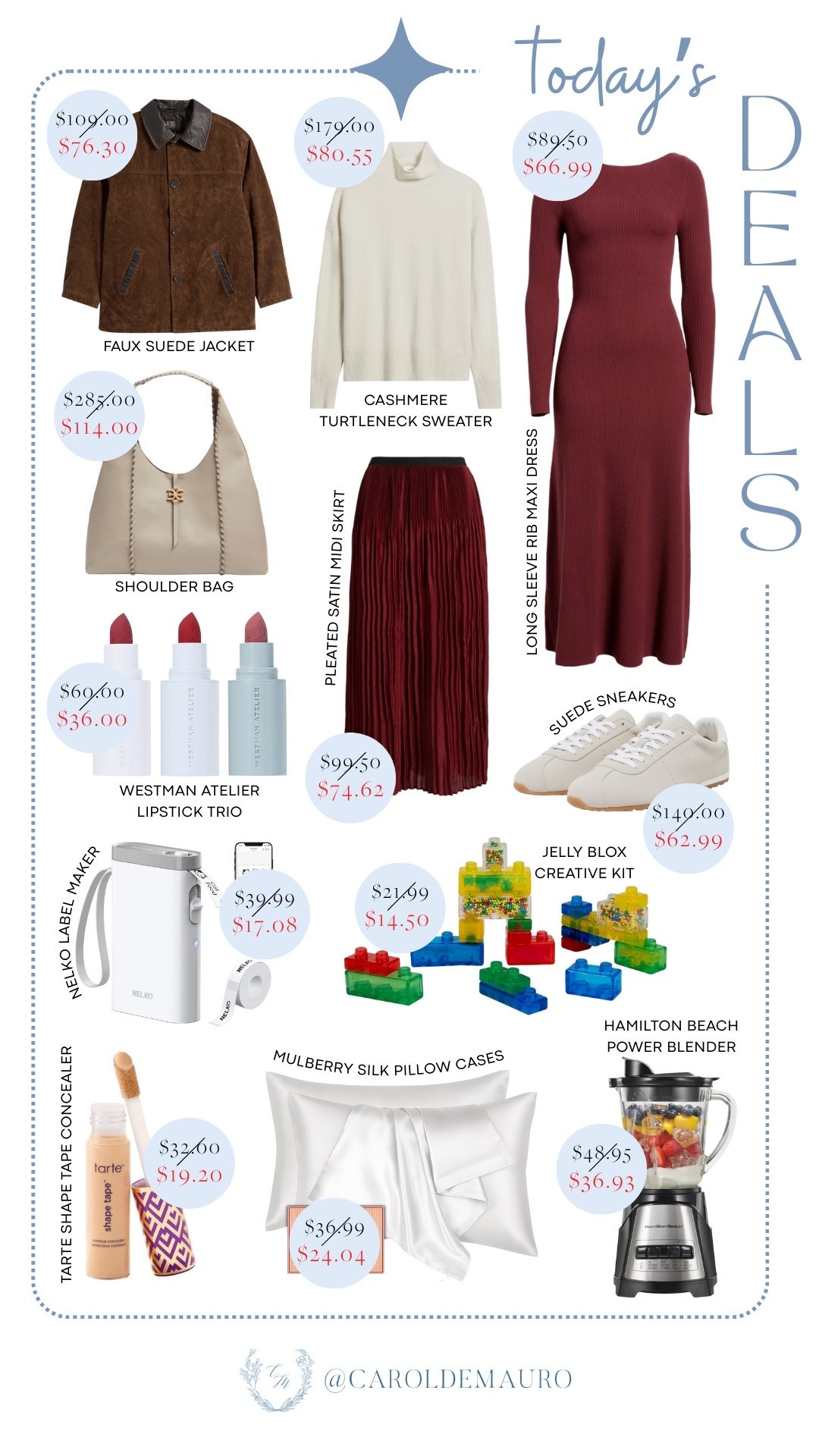 Grab today’s deals on this trendy faux suede jacket, cashmere turtleneck sweater, long sleeve rib maxi dress, shoulder bag, pleated satin midi skirt, and suede sneakers! You'll also love the Westman Atelier lipstick trio, label maker, a creative kit, Tarte Shape Tape concealer, silk pillow cases, and a Hamilton Beach power blender.

winter fashion trend, elevated basics, everyday accessories, makeup faves, toddler toys, bedroom essentials, kitchen appliances, home finds

#LTKFindsUnder50 #LTKSeasonal #LTKU