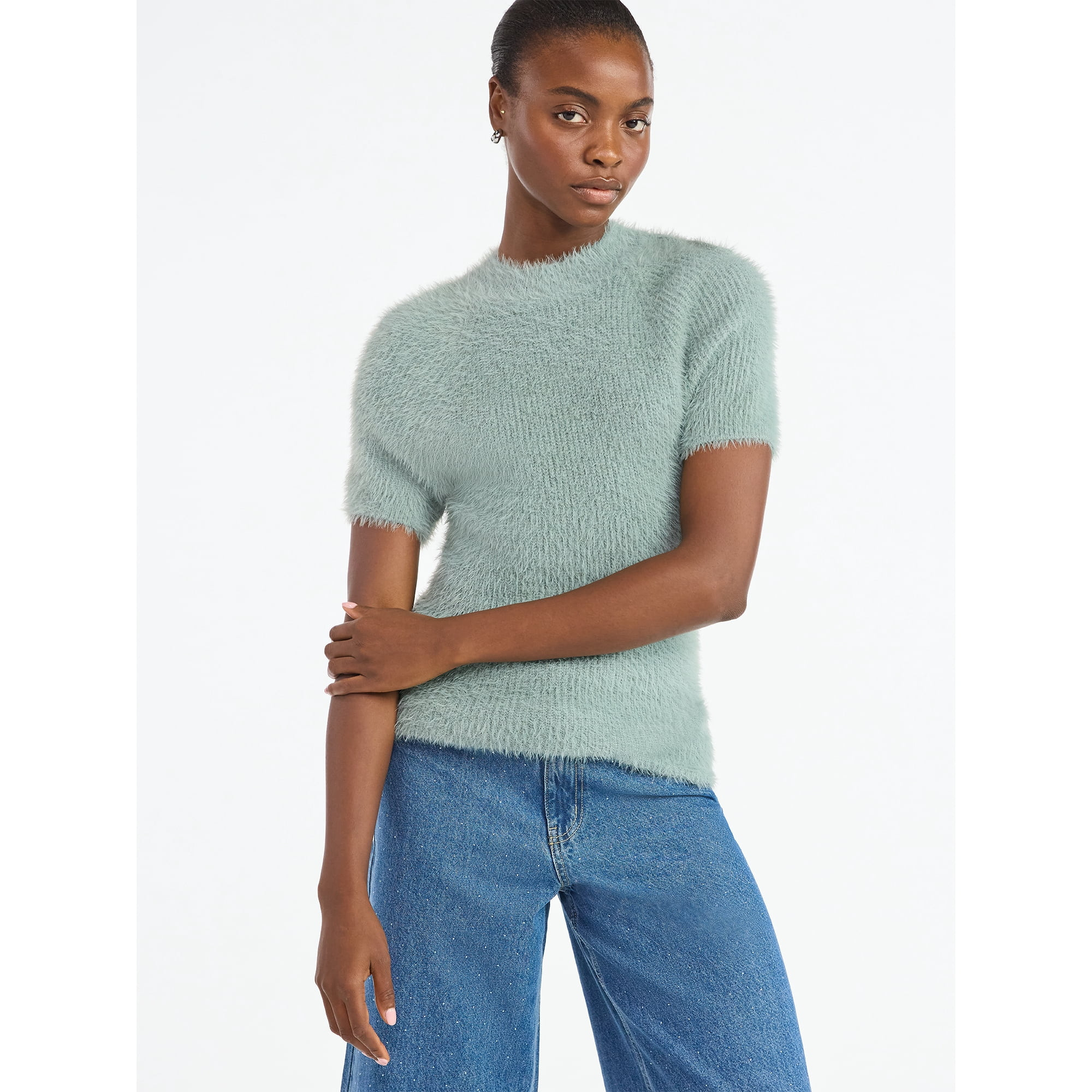 Scoop Women’s Fuzzy Sweater Top with Short Sleeves, Lightweight, Sizes XS-XXL | Walmart (US)