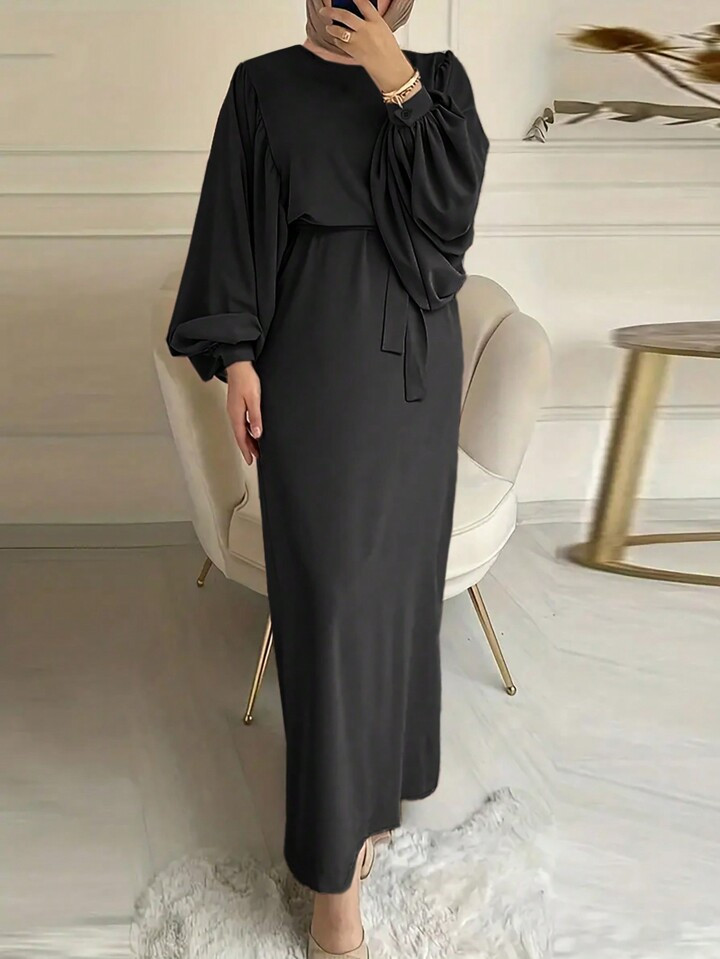 Solid Color Lantern Sleeve Waist Cinched Dress | SHEIN