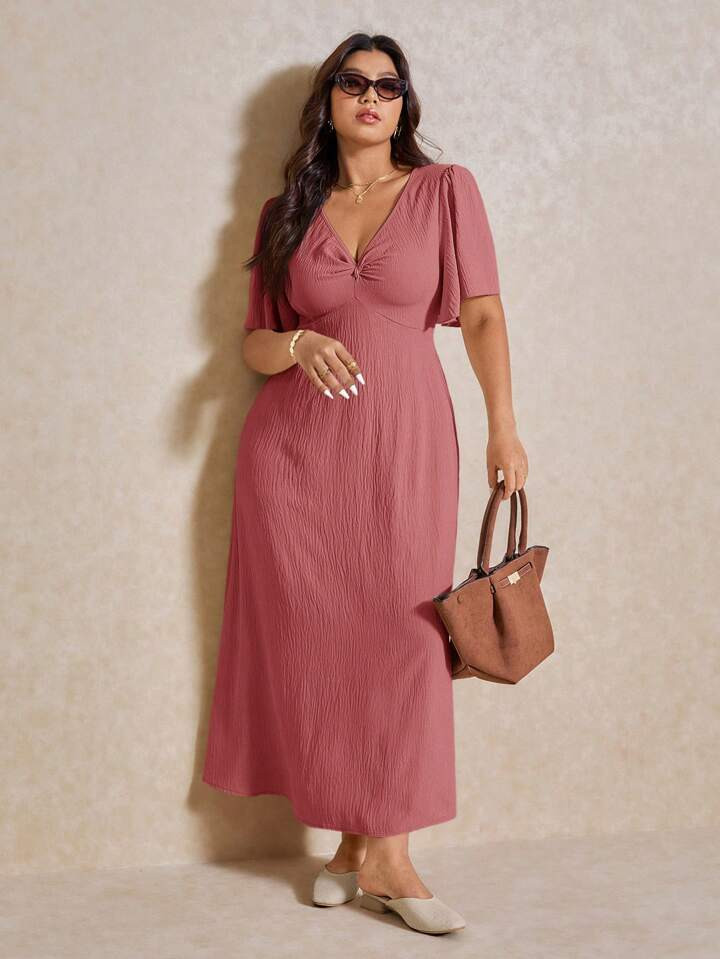 Elaquor Plus Size Casual Elegant V-Neck Waist Gathering A-Line Long Dress, Suitable For Vacation | SHEIN
