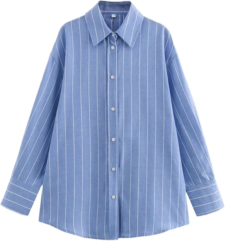 Women's Striped Business Casual Shirt Long Sleeve Lapel Back Tie Blouse Loose Fit Office Wear | Amazon (US)