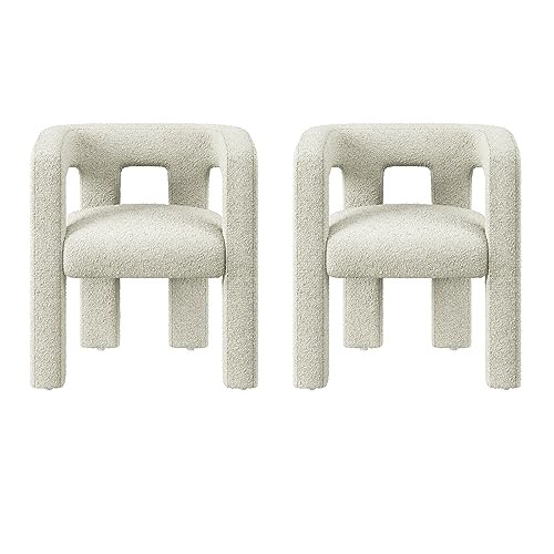 BELLEZE Modern Boucle Barrel Dining Chair Set of 2, Upholstered Linen Kitchen Boucle Armchair with Sidearms and Back, for Dining Room Living Room- Cream | Amazon (US)