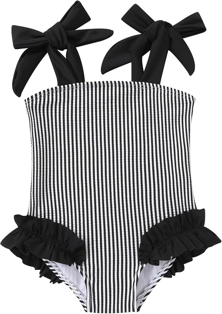 Happy Town Toddler Swimsuit Girl Solid Color Stripe One-Piece Baby Bathing Suits | Amazon (US)