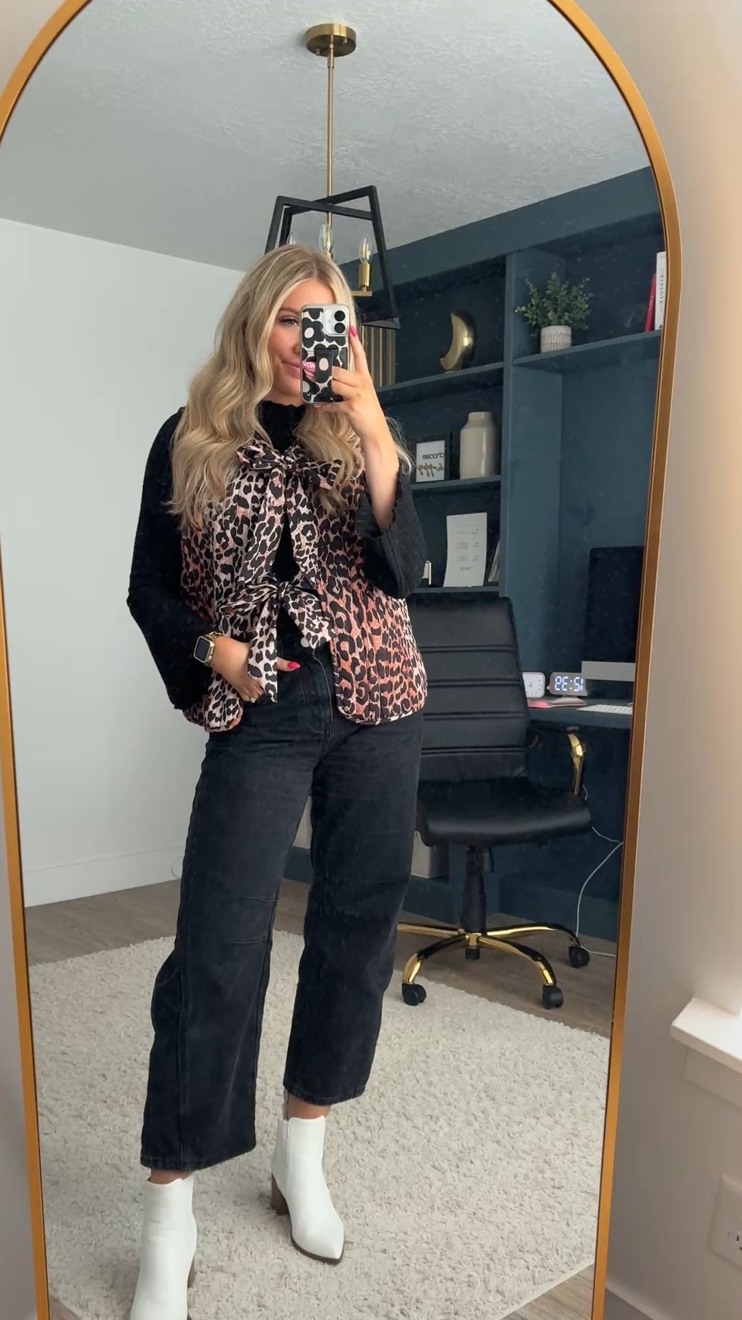 Leopard vest: wearing M
Black top: runs small, size up one
Black jeans: sized down one to Small
Boots: size up half

| spring outfit | womens style | date night outfit 

#LTKFindsUnder100 #LTKWorkwear #LTKSeasonal
