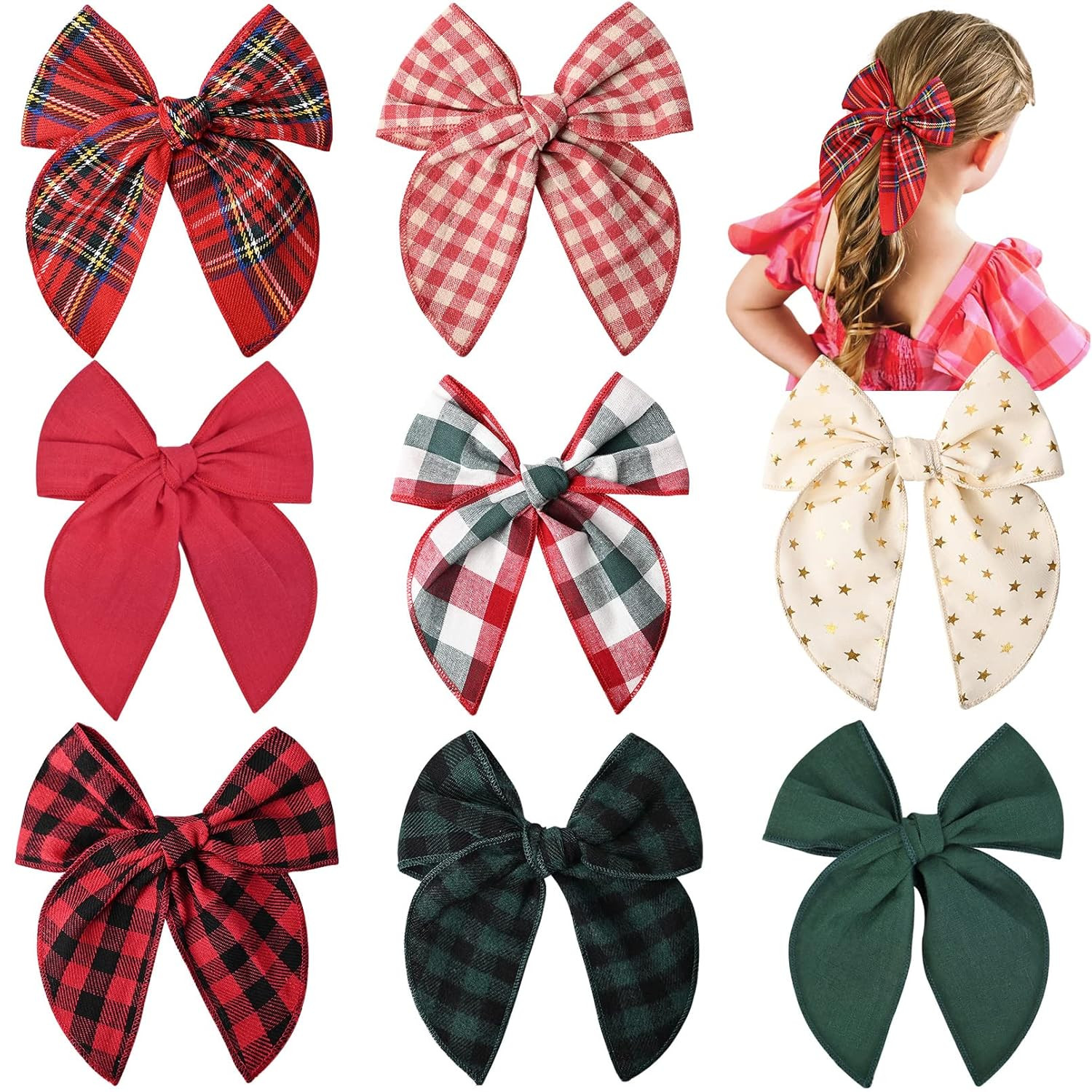 DEEKA 8 PCS Large Christmas Fable Hair Bows Cotton Linen Red and Black Plaid Hair Bow for Toddler... | Amazon (US)