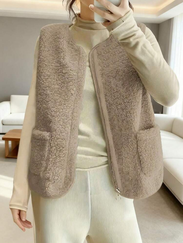 Autumn/Winter Faux Shearling Vest, Retro Style Sleeveless Jacket For Women, Fur Lined Suede Waist... | SHEIN