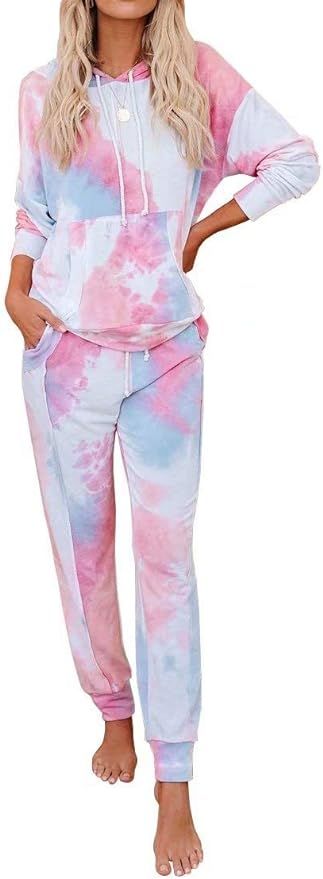 LACOZY Women's Tie Dye Printed Hoodie Long Sleeve Tops and Pants Long Pajamas Set Joggers PJ Sets... | Amazon (US)