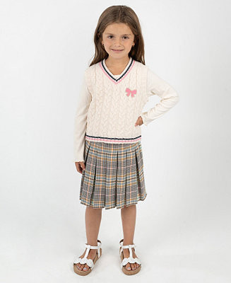 Rare Editions Little Girls' Plaid Skort Dress with Cable Knit Vest, 2 pc - Macy's | Macy's