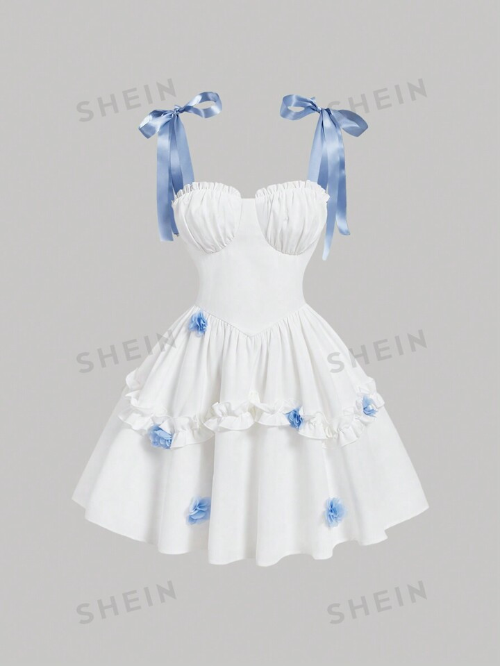 SHEIN MOD Multilayer Puffy Dress,Blue Ribbon Colorblock White Bustier Style Flared Short Dress Th... | SHEIN