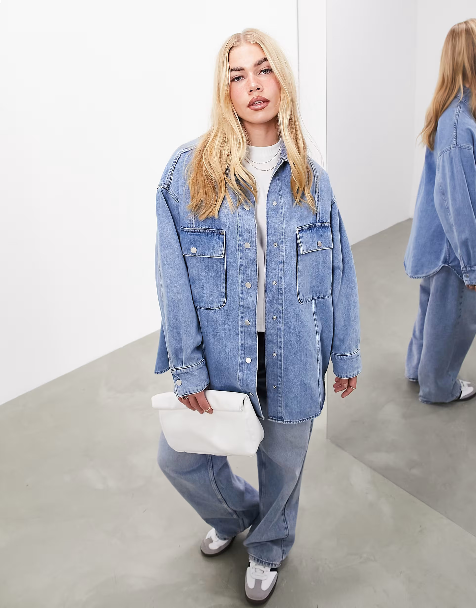 ASOS EDITION denim super oversized shacket with pockets in mid blue | ASOS (Global)