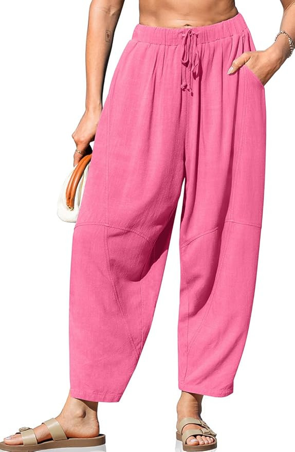 TARSE Women's Linen Harem Pants Casual Loose Fit Wide Leg Cropped Lightweight Drawstring Elastic ... | Amazon (US)