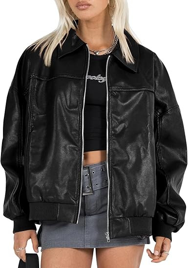 Tankaneo Womens Faux Leather Jackets Oversized Bomber Casual Fall Fashion Zip Up Moto Biker Coats | Amazon (US)