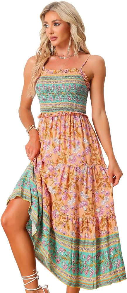 Allegra K Boho Floral Dress for Womens Spaghetti Strap Flowy Smocked Tiered Maxi Dresses | Amazon (US)