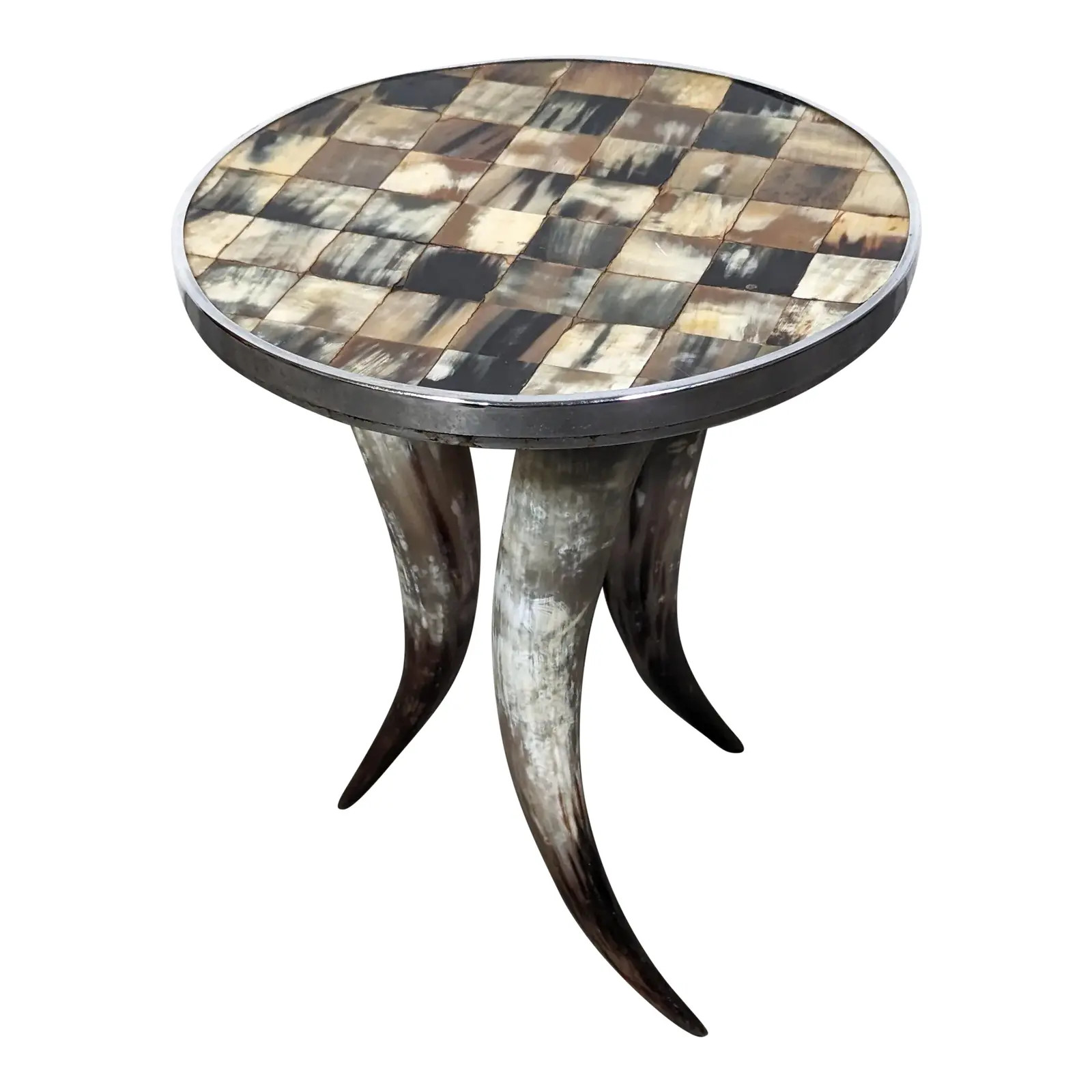 1990s Vintage Tri Legged Horn Side End Table With Tiled Top | Chairish