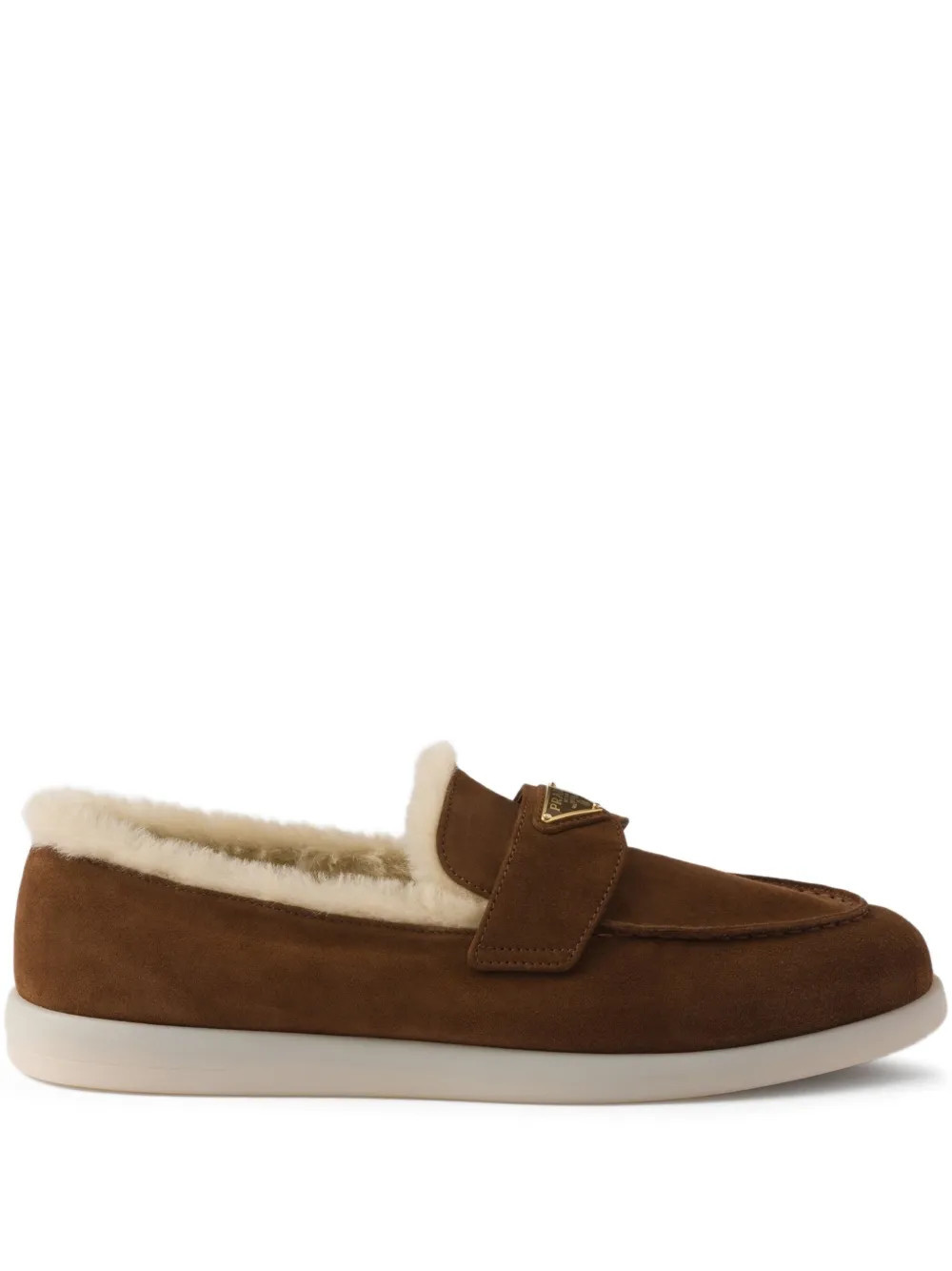 Prada triangle-logo shearling loafers - Brown | Farfetch Global