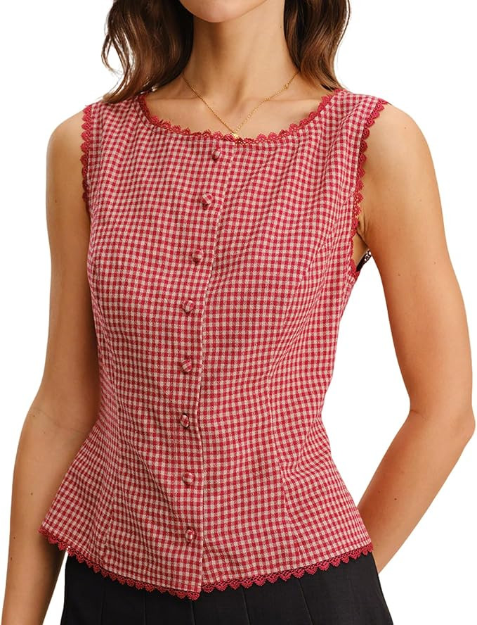 RIHOAS Women's Brown Plaid Sleeveless Button Down Blouse - Lace Trim Fitted Waist Business Casual... | Amazon (US)