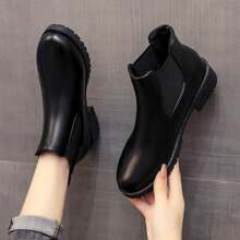 Women's Black High Gloss Short Ankle Boots, Chunky Heel Boots, British Style, Thick Sole, Suitable For Autumn & Winter | SHEIN