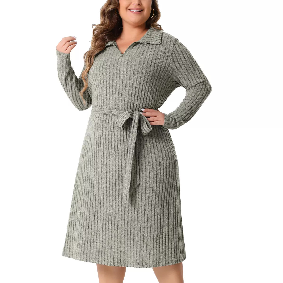 Agnes Orinda Women's Plus Size Ribbed Half Zip Front Long Sleeve Tie Waist Knit with Belt Midi Sw... | Target