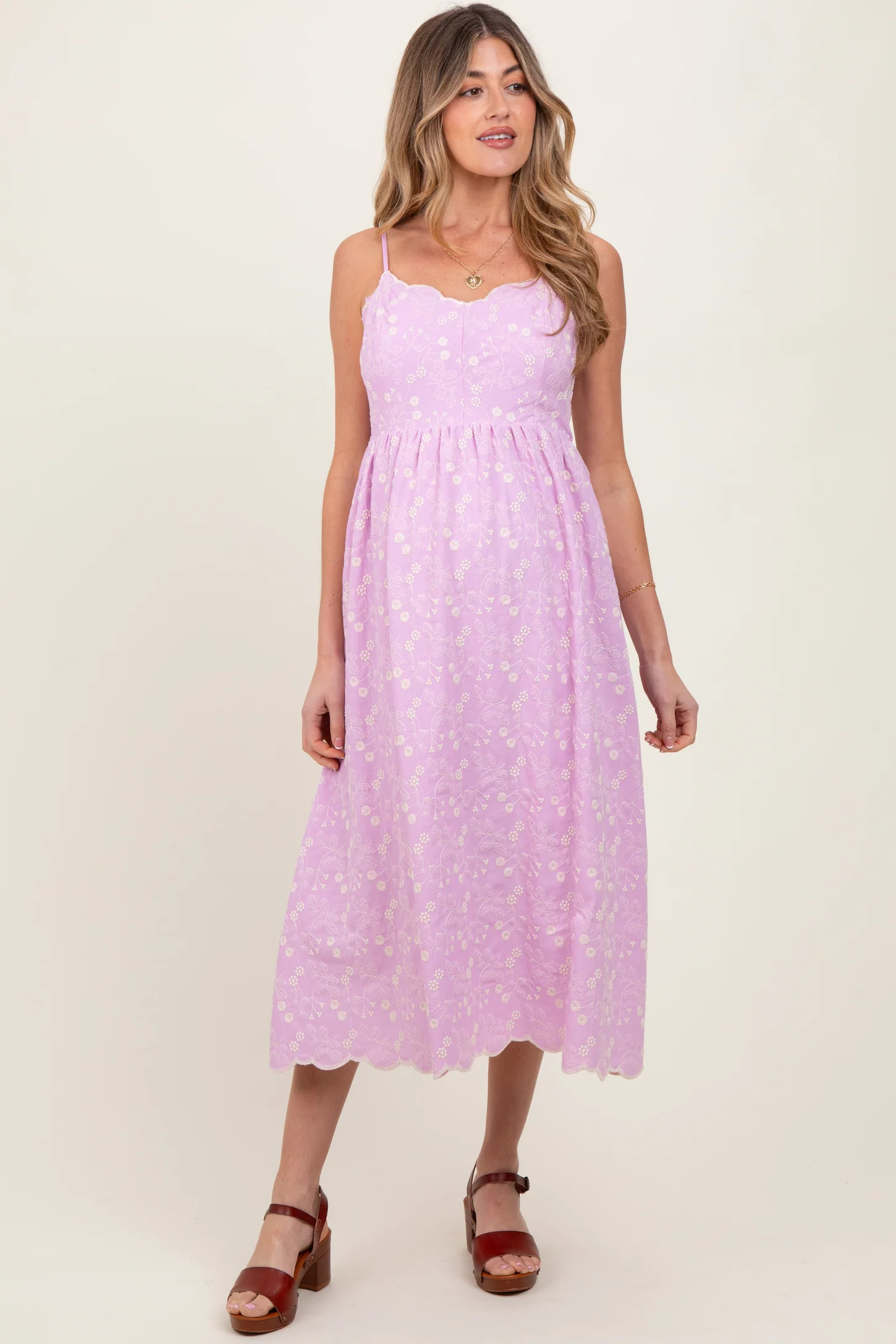 Lavender Floral Embroidered Scallop Detail Maternity Midi Dress | PinkBlush Maternity