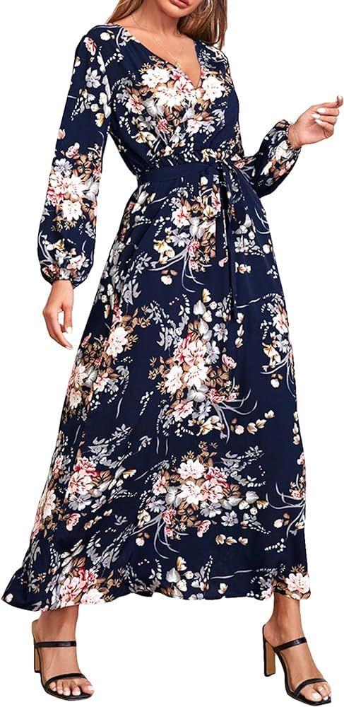Floerns Women's Summer Wrap V Neck Long Sleeve Belted Floral Print Maxi Dress | Amazon (US)
