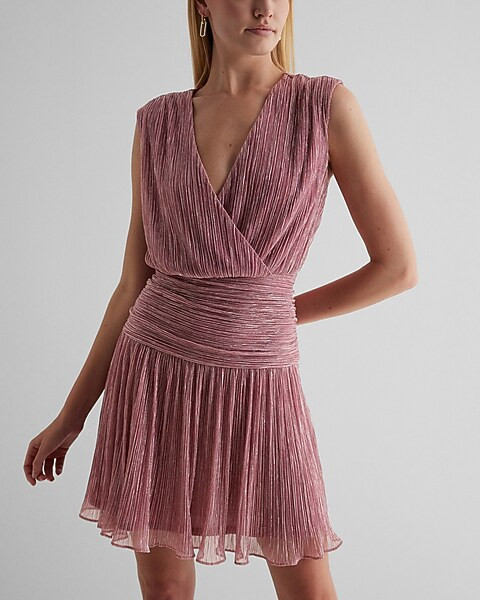 Metallic V-Neck Wrap Ruched Waist Mini Dress | Express