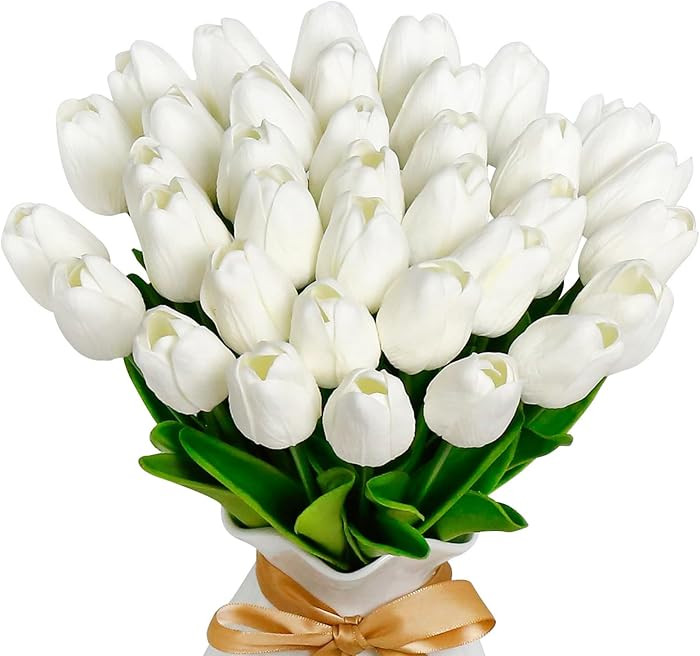 36 PCS White Tulips Artificial Flowers 13" PU Fake Flowers for Wedding Home Decor(White) | Amazon (US)
