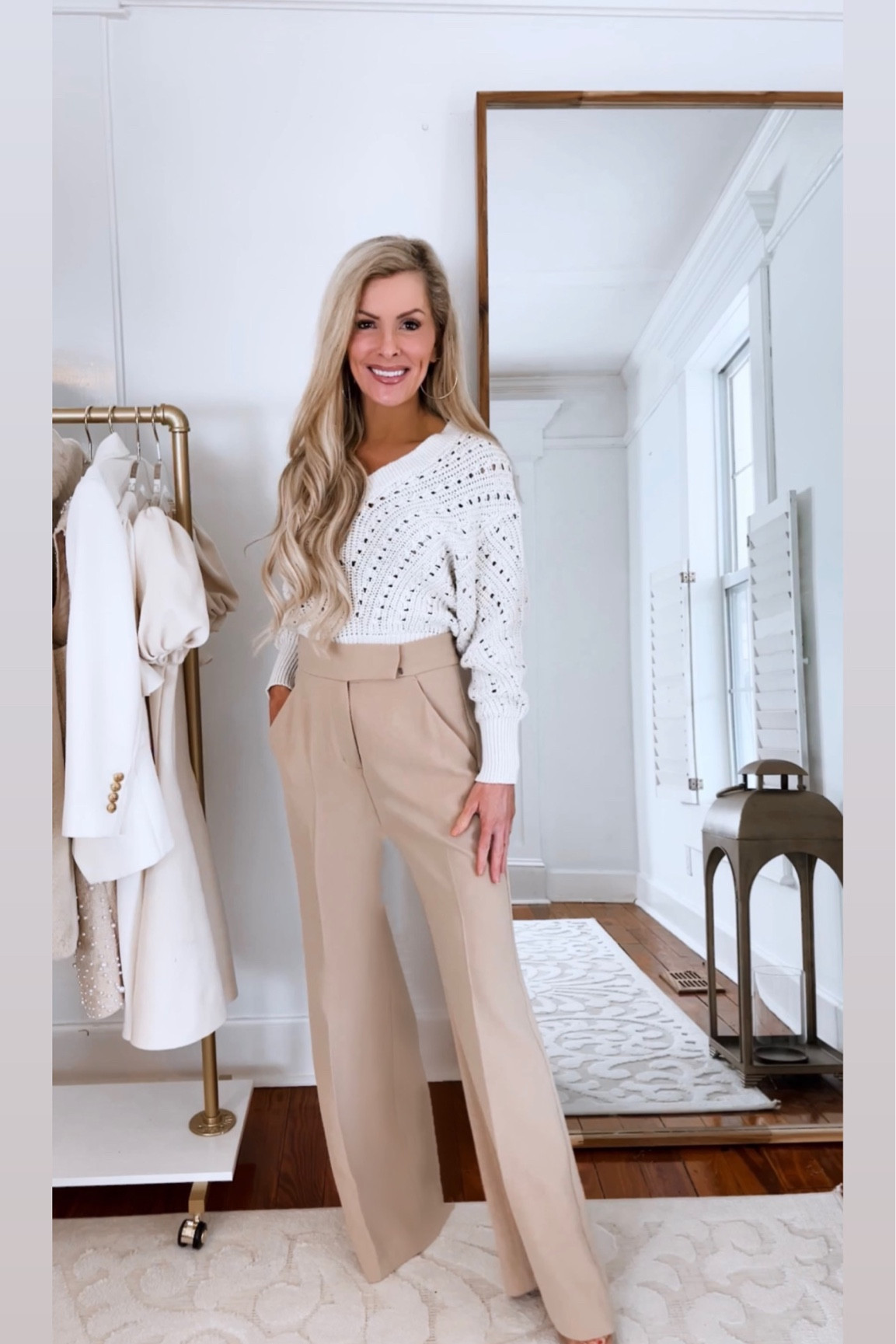 Work wear :

Obsessed with the new colors released for my favorite wide leg dress pants ! Perfect tan color to pair with neutral tops . These come in petite , regular & tall with matching blazers . Also comes in pink for spring transition 💗💗💗

Sweater is crop length : will need to be worn w high waisted pants , love the banded waist : makes it so easy to tuck in without being bulky ! : wearing XS 

Wide leg dress pants : wearing 0 short ( im 5’0 , anyone below 5’4 would need to wear w heels or wedges ) 

•
•
•
Workwear
Neutral outfit 
Petite outfit 
Petite pants 
Office outfit 
Business casual 


#LTKSeasonal #LTKworkwear #LTKFind