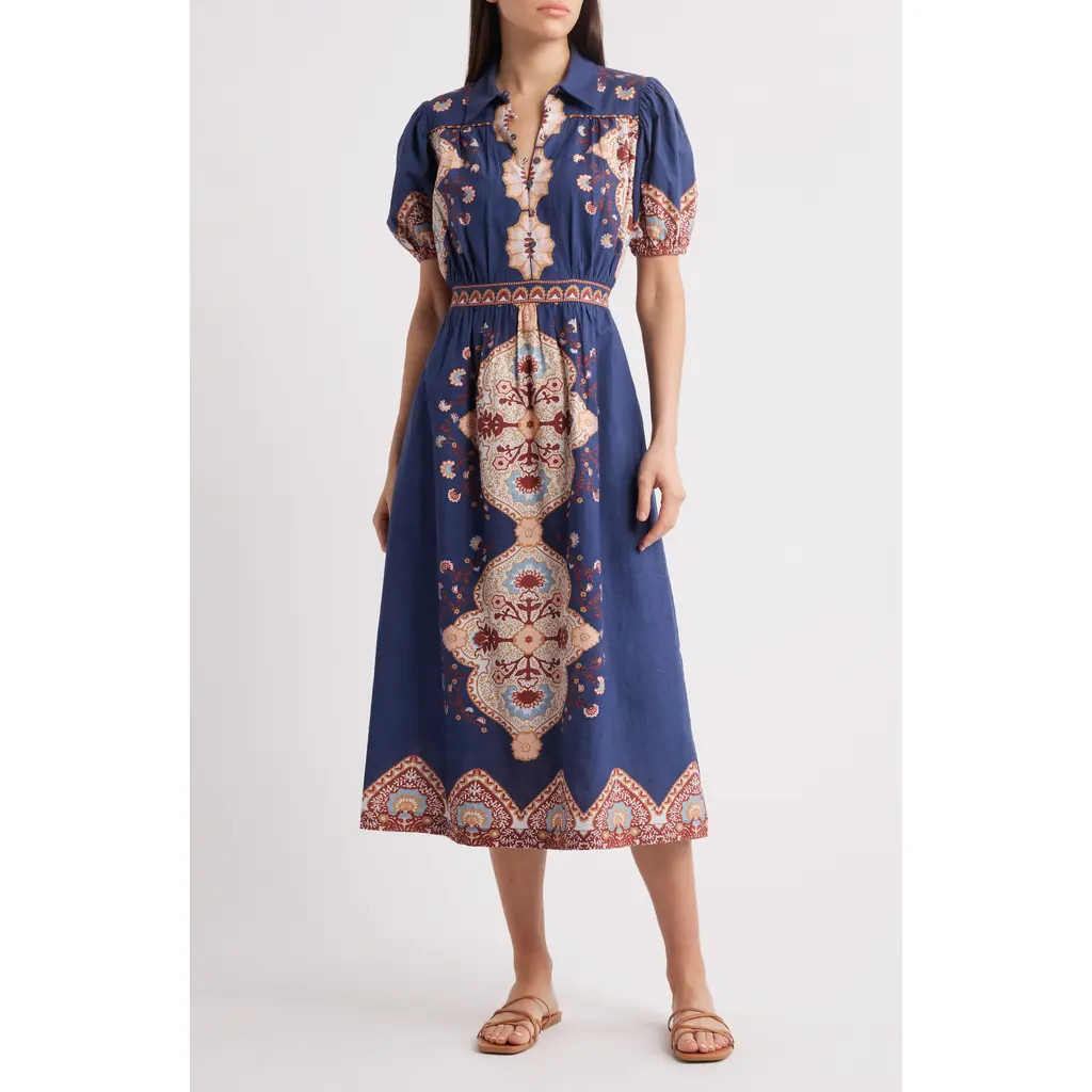 Cleobella Asha Cotton & Linen Midi Shirtdress in Navy Lagos at Nordstrom, Size X-Small | Nordstrom