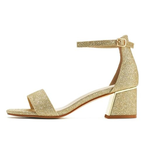 hingswink Black Gold Nude Heels for Women Chunky Heels Low Heel Dress Shoes Block Heel Sandals Short Heels Open Toe Heels Ankle Strap Heels 2 inch Heels Sparkly Glitter Heels, GoldGlitter09 | Amazon (US)