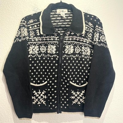 SML Sport Cardigan Sweater Womens Medium Black White Fair Isle Snowflake Zip Up | eBay US