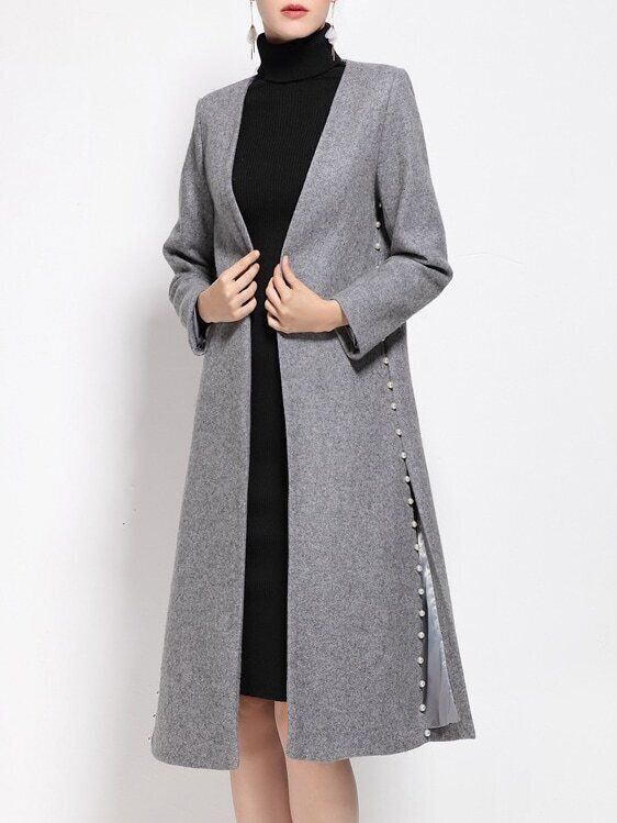 Grey Beading Pockets Long Coat | SHEIN