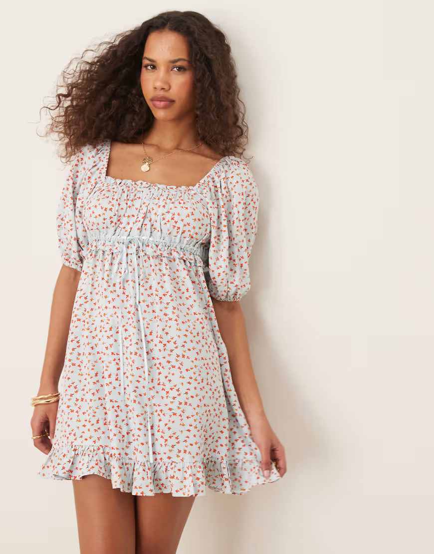 ASOS DESIGN square neck puff sleeve mini smock dress in blue ditsy print-Multi | ASOS (Global)