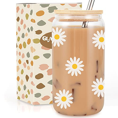 GSPY Daisy Aesthetic Gifts, Iced Coffee Cup, Cute Glass Cups with Lids and Straws - Cute Mugs, Flower Mug, Glass Tumbler - Retro, Christmas, Birthday Gifts for Women, Coffee Lovers, Friend, Girls, Mom | Amazon (US)
